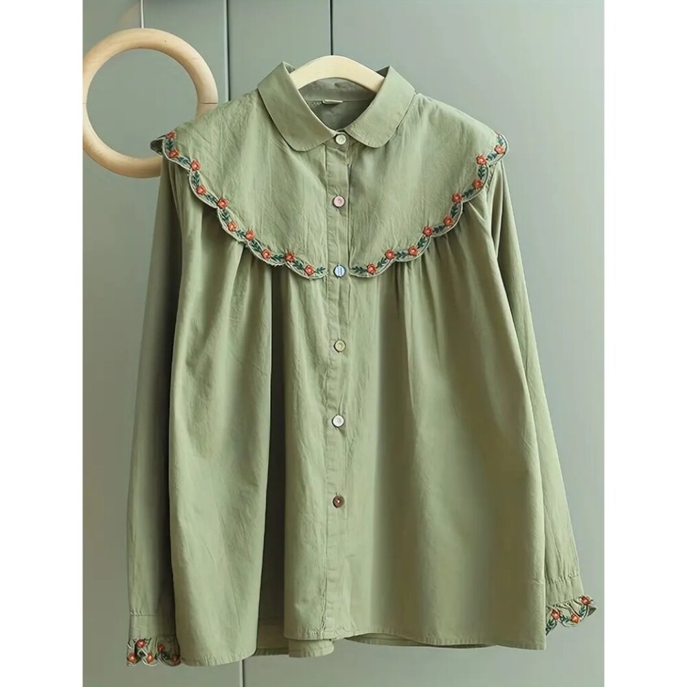 Embroidered Wave Edge Blouse – Machine Washable, Non-Sheer, Cute & Stylish